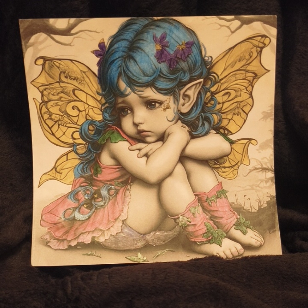 Blue-Haired Fairy Art Print with Gold Wings - Unbranded